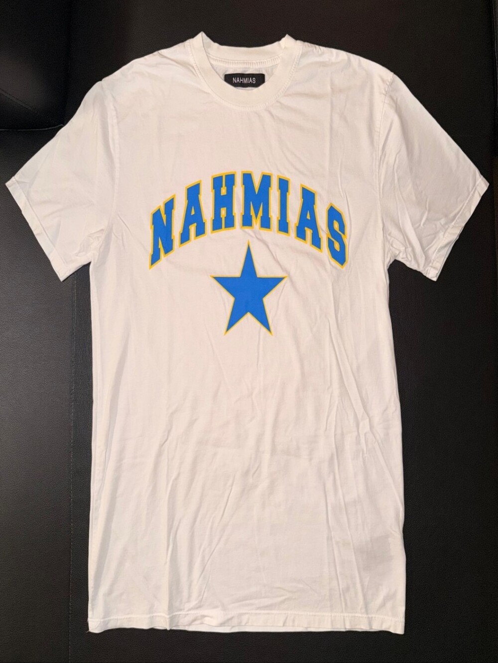 NAHMIAS Men's T-Shirt White Cotton Crew Neck S | Blue/Yellow Star Graphic